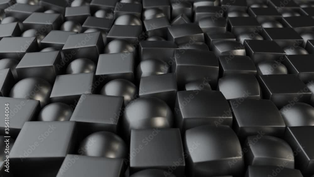 Poster 3d animation of cubes and spheres made of metal in a staggered order. objects change shape and are r