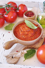 Tomato sauce of ripe tomatoes, olive oil and basil