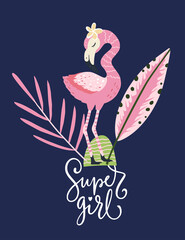 Super girl. Pink flamingo bird vector card. Tropical cute summer poster with hand drawn lettering quote and cartoon kid illustration. 