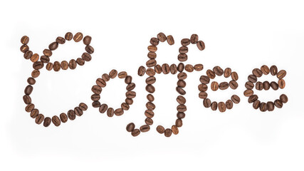 Letter the word coffee made of coffee beans, isolated on white. Concepts, alphabet, Font