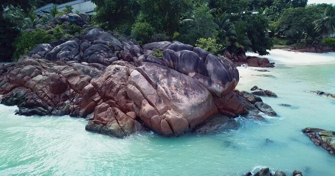 4K Aerial Footage of the Paradise Praslin Island Beach in the Heart of Indian Ocean, Seychelles 
