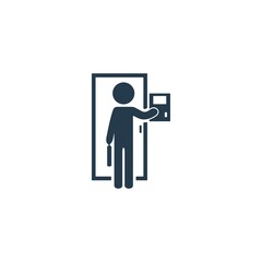 Illustration of man returning home from office and unlocking door. Simple worker life concept icon.
