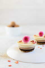 Cashew cakes decorated with flowers and sublimated berries. Sugar free, gluten, lactose.