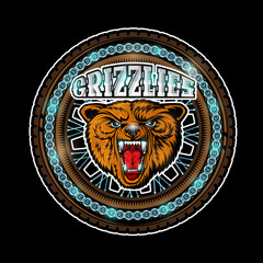 Bear's head in center of motorcycle wheel, color logo on black background