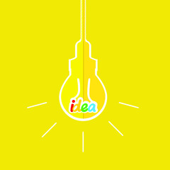 Vector illustration. Light bulb with the word of idea and rays shine.