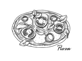 Pizza isolated on a white background. Sketch Italian dishes. Vector illustration
