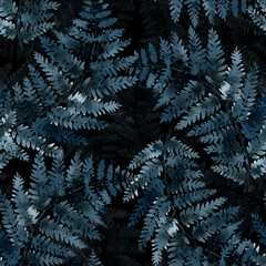 fern branch, indigo blue watercolor hand drawing, seamless pattern