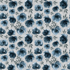 blue flowers and branches, indigo plants seamless pattern, watercolor vintage hand drawing illustration