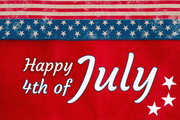 Happy 4th of July type greeting with USA stars and stripes burlap ribbon with stars