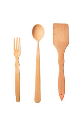 Set of wooden items for cooking: spoon, fork, spatula. Wooden cooking utensils.