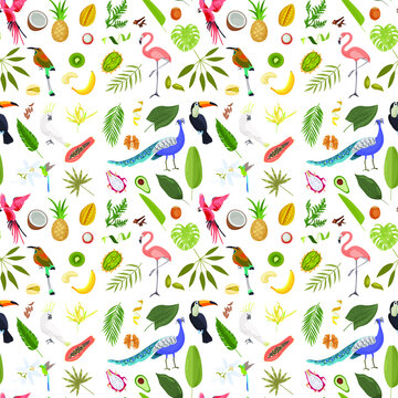 seamless pattern with images of tropical plants, birds and fruits