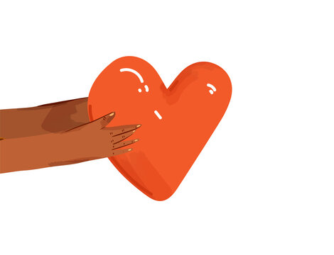 Vector flat illustration of diverse people sharing love, support, appreciation to each other. Hands giving heart as a sign of connection and unity. Love concept isolated