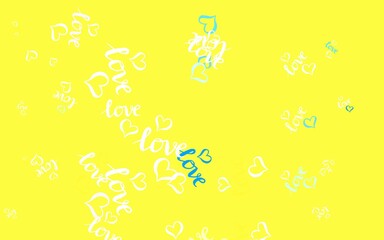 Light Blue, Yellow vector background with Shining hearts.