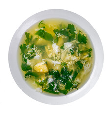 Green Sorrel soup in white plate isolated on white background