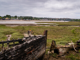 Old wooden ship, wrecks on the Salt Marshes by the River Torridge Estuary at Bideford on the South West Coast Path in Devon, England, UK