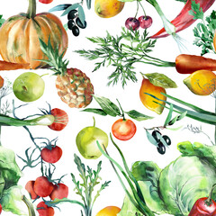 Vegan Seamless Pattern. Watercolor Background.
