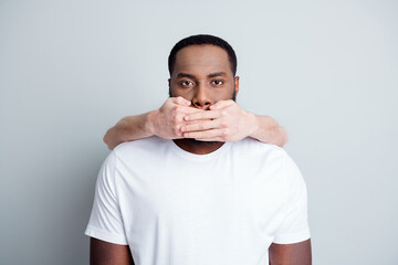 Don't speak. Photo of helpless african american guy unfairly society shut up black race citizens...