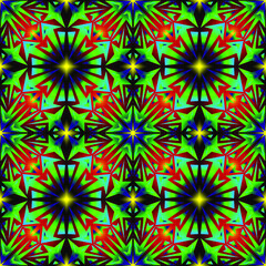 Seamless endless repeating multicolored bright ornament of different colors on combined background