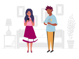 Woman man with phones on a background of interior, furniture. Vector illustration