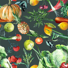 Vegan Seamless Pattern. Watercolor Background.