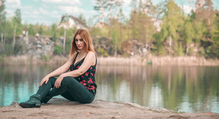 Relaxing tranquil time. Woman in canyon thinking about something 