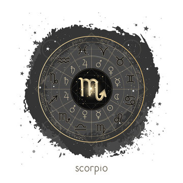 Vector illustration with Horoscope circle, pictograms astrology planets, Zodiac signs and constellation Scorpio on a grunge background.  Image in gold and black color.
