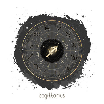 Vector illustration with Horoscope circle, pictograms astrology planets, Zodiac signs and constellation Sagittarius on a grunge background.  Image in gold and black color.