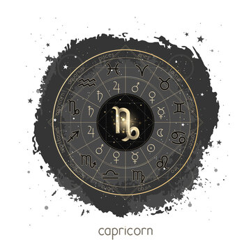 Vector illustration with Horoscope circle, pictograms astrology planets, Zodiac signs and constellation Capricorn on a grunge background.  Image in gold and black color.
