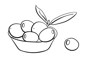 Olives with leaves in a bowl. Black line sketch of olives isolated on white background. Doodle hand drawn vegetables. Vector illustration