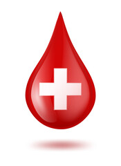 Red blood drop with cross on white. vector illustration.