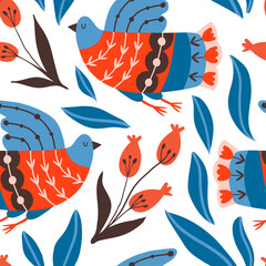 Seamless pattern with birds and flowers with doodle ornaments