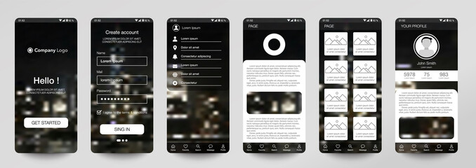 Fototapeta premium Design of mobile app, UI, UX, GUI. Set of user registration screens with login and password input, account sign in, sign up, home page. Modern Style. Minimal Application. UI Design Template. Interface