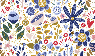 Floral ornate seamless cartoon pattern. Summer vector vintage background. Textured  flower summer illustration. Decorative botanical drawing.
