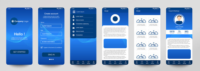 Design of mobile app, UI, UX, GUI. Set of user registration screens with login and password input, account sign in, sign up, home page. Modern Style. Minimal Application. UI Design Template. Interface