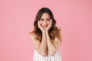 Image of happy beautiful woman smiling and looking at camera
