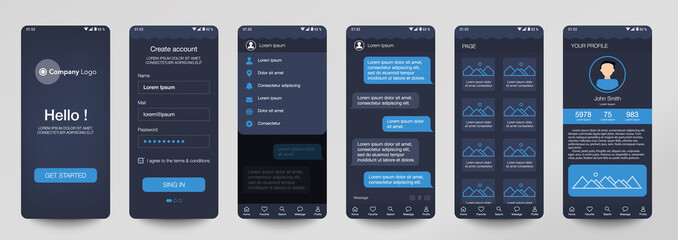 Design of mobile app Chat room, UI, UX, GUI. Set of user registration screens with login and password input, account sign in, sign up, home page. Modern Style. Minimal Application. UI Design Template