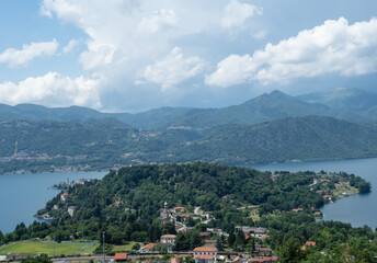 Fototapeta na wymiar panoramic view from a large terrace on Lake Orta and its promontory