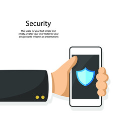Hand with smart phone with shield simple flat style isolated on white. business concept vector for your design work, presentation, website or others.