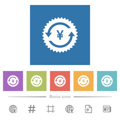 Yen pay back guarantee sticker flat white icons in square backgrounds