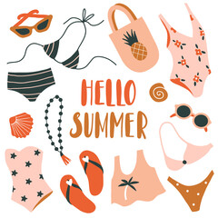 Hello summer card, banner. Hand drawn clothes and accessories