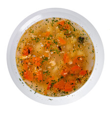 Fresh fish soup in white plate isolated on white background