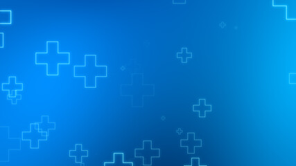Obraz premium Medical health blue cross neon light shapes pattern background. Abstract healthcare technology and science concept.