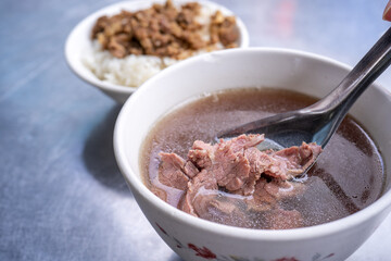 Beef soup - famous food in Taiwan, Asia, Asian Taiwanese street delicacy cuisine, close up, lifestyles, traditional breakfast in Tainan.