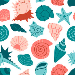 Sea shells and starfish seamless pattern.