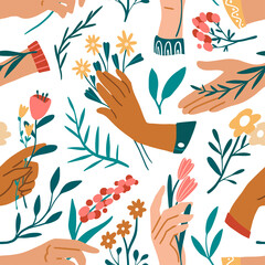 Hands with bouquets seamless pattern
