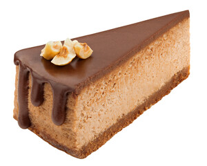 Piece of Chocolate cheesecake isolated on white background, clipping path, full depth of field