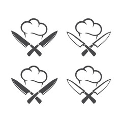 Kitchen knives or cleaver crossed, with chef cap black vector pictogram icon. Logo for restaurant.
