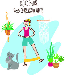 keep calm; athletic; challenge; flexibility; dumbbell; house; hand; gymnastic; stay home; strength; quarantine; energy; strong; cute; gymnastics; stretching; interior; hand drawn; room; sport; illustr