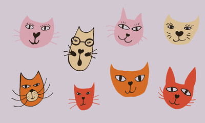 Obraz premium Hand drawn vector illustration of cat faces. Collection of cute funny domestic animals isolated. Simple childish drawing.