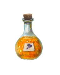 Still-life painting. Bottle poison mushroom. Halloween desing menu. Watercolor Illustration. Botanical realistic. Can be used as  postcards, patterns. Isolated.